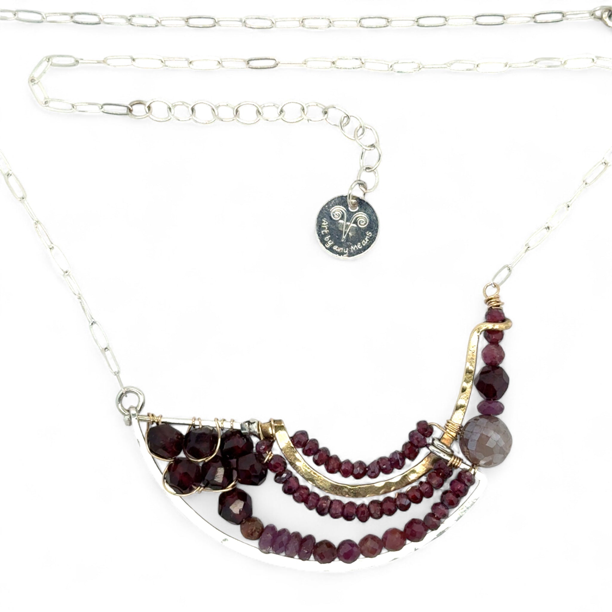 Garnet mixed variety gemstones with a mauve moonstone accent on sterling silver and brass handmade statement pendant on sterling silver oval chain