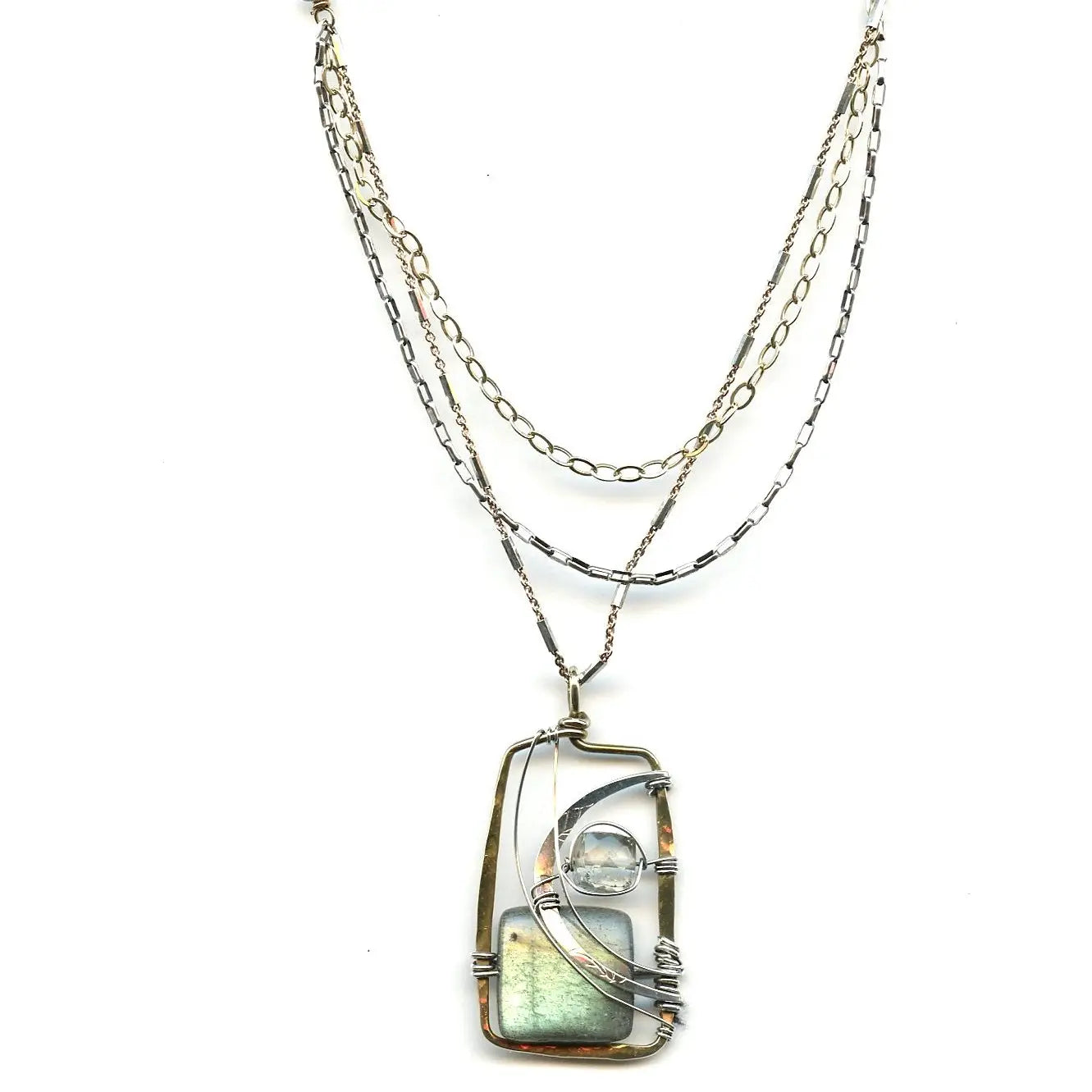 Flashy labradorite smooth rectangle gemstone held in a brass hammered handmade box pendant accented with sterling silver and a faceted green amethyst cube. Necklace features a triple chain, sterling silver and gold filled chains