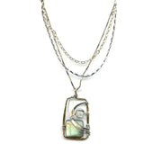 Flashy labradorite smooth rectangle gemstone held in a brass hammered handmade box pendant accented with sterling silver and a faceted green amethyst cube. Necklace features a triple chain, sterling silver and gold filled chains