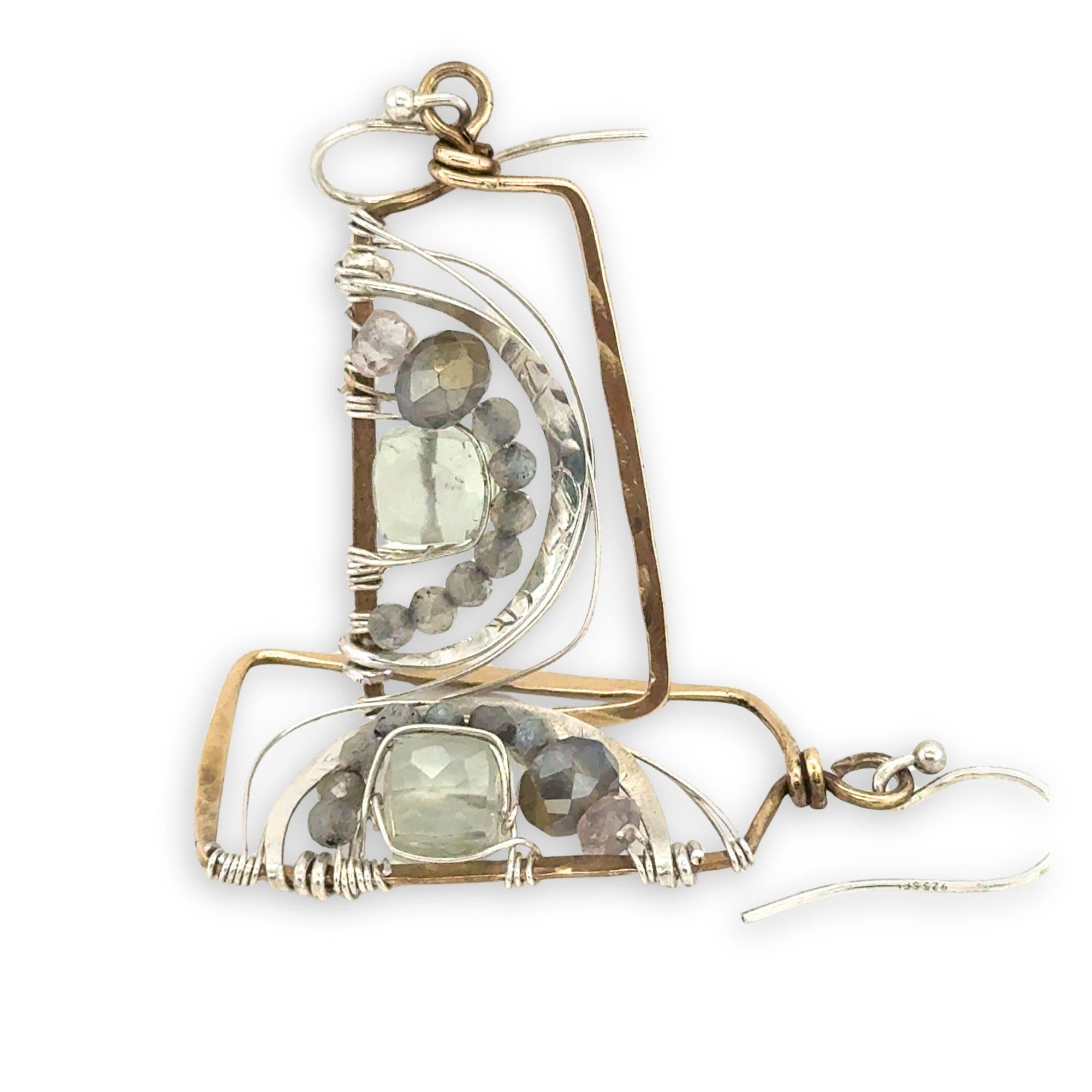 handmade hammered brass box earrings with arches of sterling silver, green amethyst cubes, crystal, and labradorite gemstones