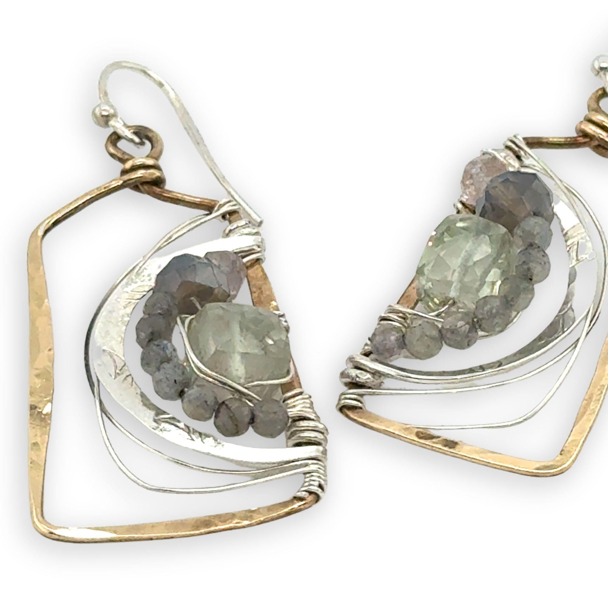 handmade hammered brass box earrings with arches of sterling silver, green amethyst cubes, crystal, and labradorite gemstones