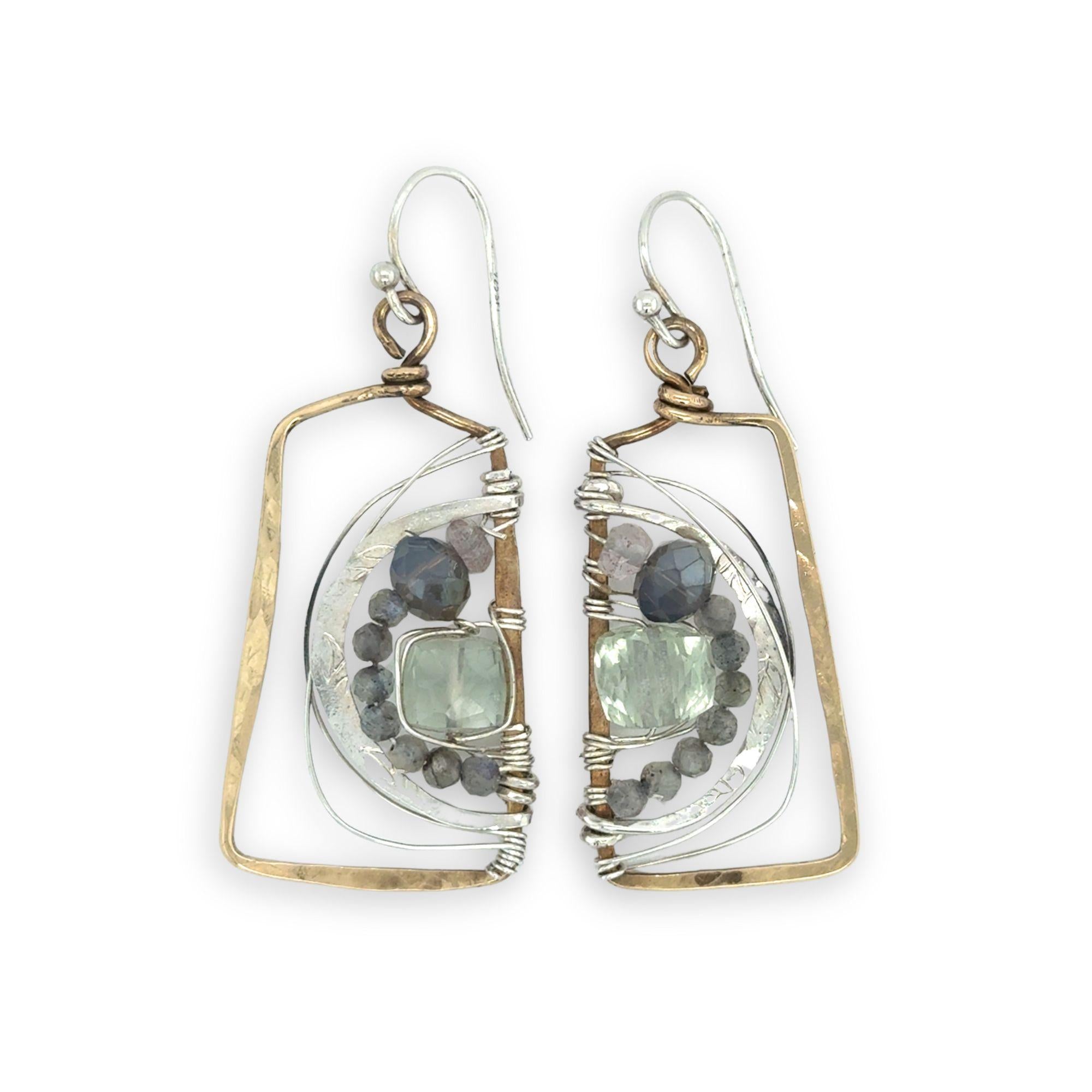 handmade hammered brass box earrings with arches of sterling silver, green amethyst cubes, crystal, and labradorite gemstones
