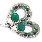 darkened sterling silver mini drop earrings with lines of ruby zoisite and apatite gemstones with a green onyx faceted drop in the middle, wrapped up in gold filled wire