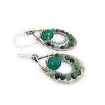 darkened sterling silver mini drop earrings with lines of ruby zoisite and apatite gemstones with a green onyx faceted drop in the middle, wrapped up in gold filled wire