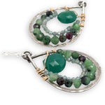 darkened sterling silver mini drop earrings with lines of ruby zoisite and apatite gemstones with a green onyx faceted drop in the middle, wrapped up in gold filled wire