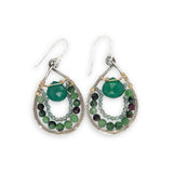 darkened sterling silver mini drop earrings with lines of ruby zoisite and apatite gemstones with a green onyx faceted drop in the middle, wrapped up in gold filled wire