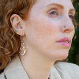 oxidized sterling silver arrow shaped earrings with brass and shiny sterling silver hammered swishes and labradorite gemstones on gold filled wire