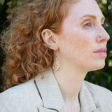 oxidized sterling silver arrow shaped earrings with brass and shiny sterling silver hammered swishes and labradorite gemstones on gold filled wire