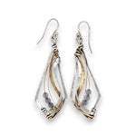 oxidized sterling silver arrow shaped earrings with brass and shiny sterling silver hammered swishes and labradorite gemstones on gold filled wire