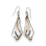 oxidized sterling silver arrow shaped earrings with brass and shiny sterling silver hammered swishes and labradorite gemstones on gold filled wire