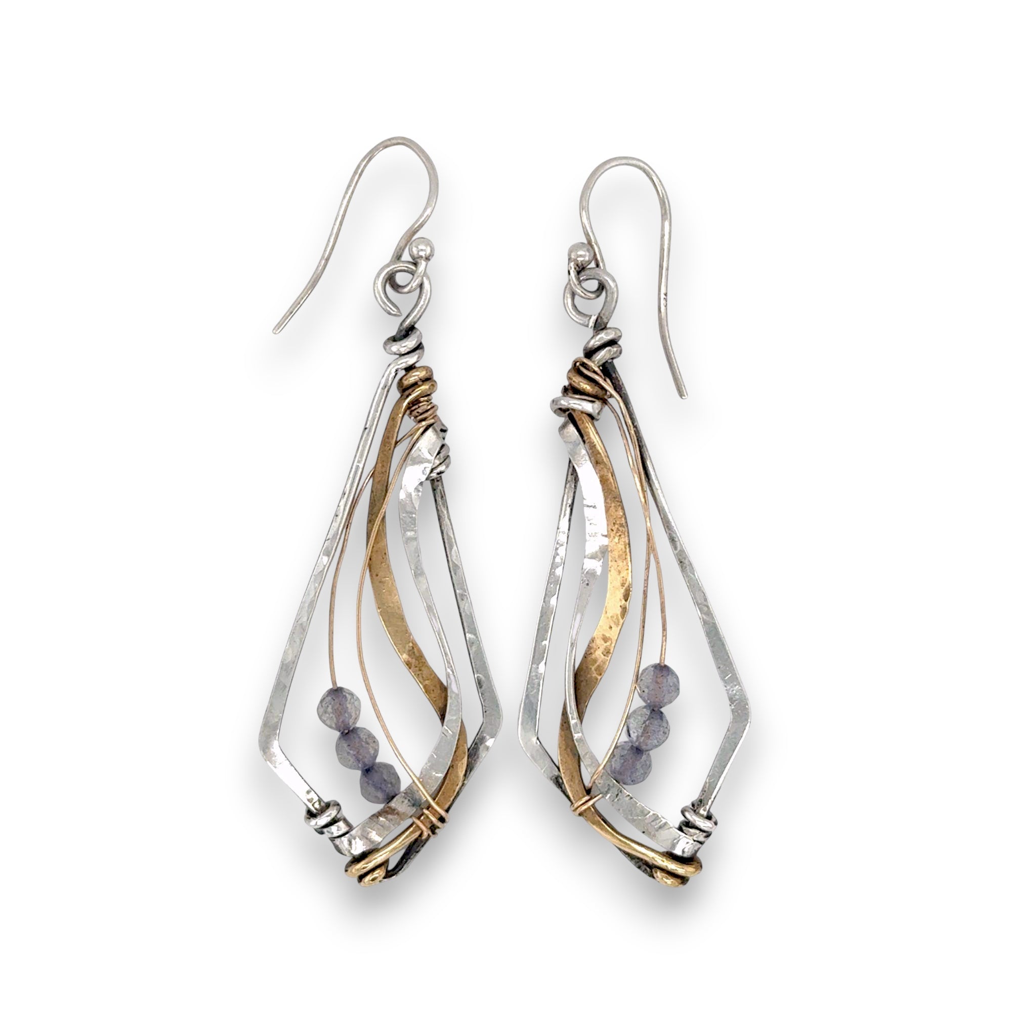 oxidized sterling silver arrow shaped earrings with brass and shiny sterling silver hammered swishes and labradorite gemstones on gold filled wire