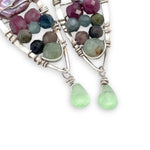 Sterling silver marquise earrings stacked with light purple pink keshi fresh water pearl, prehnite, pink tourmaline, and watermelon tourmaline gesmtones