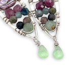 Sterling silver marquise earrings stacked with light purple pink keshi fresh water pearl, prehnite, pink tourmaline, and watermelon tourmaline gesmtones
