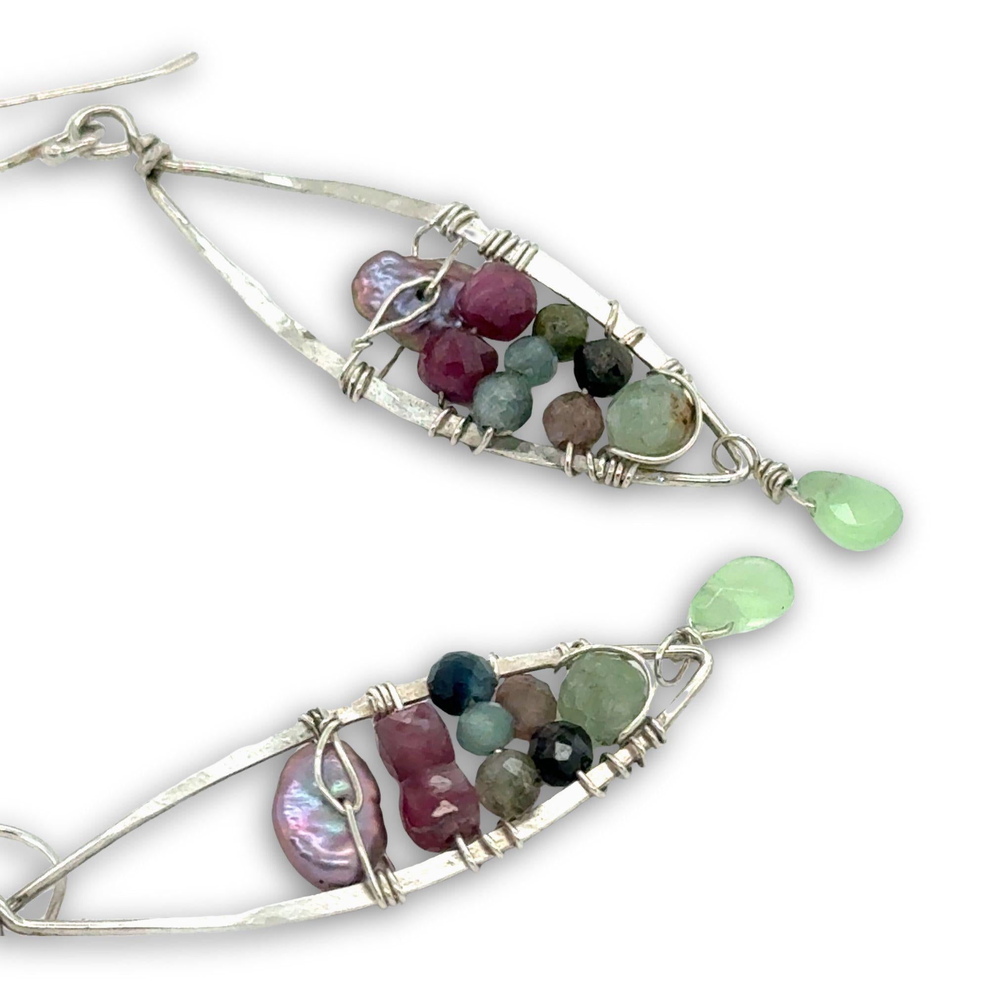 Sterling silver marquise earrings stacked with light purple pink keshi fresh water pearl, prehnite, pink tourmaline, and watermelon tourmaline gesmtones