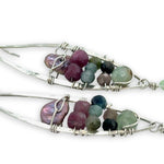 Sterling silver marquise earrings stacked with light purple pink keshi fresh water pearl, prehnite, pink tourmaline, and watermelon tourmaline gesmtones