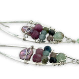 Sterling silver marquise earrings stacked with light purple pink keshi fresh water pearl, prehnite, pink tourmaline, and watermelon tourmaline gesmtones