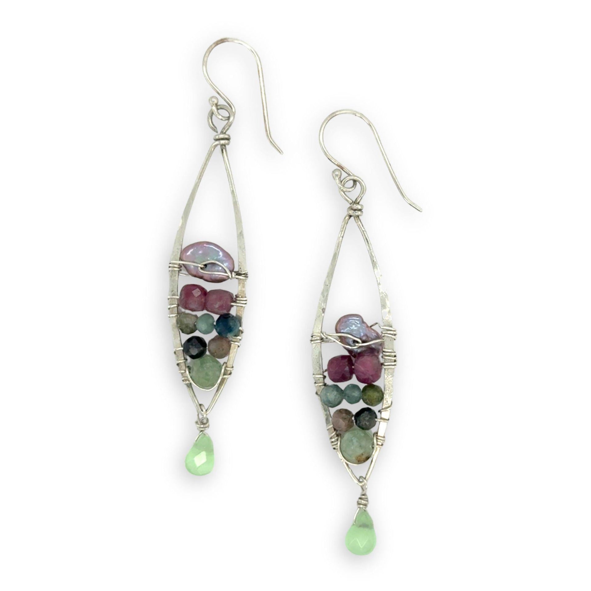 Sterling silver marquise earrings stacked with light purple pink keshi fresh water pearl, prehnite, pink tourmaline, and watermelon tourmaline gesmtones