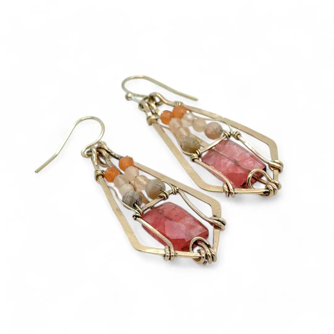 Bright cherry quartz rectangles held in bronze hammered diamond earrings with gold filled wire, pink opal, and peach cat's eye accents