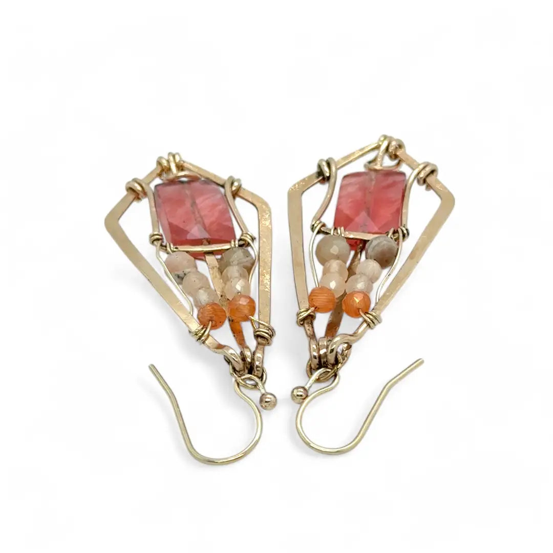 Bright cherry quartz rectangles held in bronze hammered diamond earrings with gold filled wire, pink opal, and peach cat's eye accents