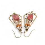 Bright cherry quartz rectangles held in bronze hammered diamond earrings with gold filled wire, pink opal, and peach cat's eye accents