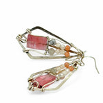 Bright cherry quartz rectangles held in bronze hammered diamond earrings with gold filled wire, pink opal, and peach cat's eye accents
