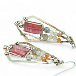 Bright cherry quartz rectangles held in bronze hammered diamond earrings with gold filled wire, pink opal, and peach cat's eye accents