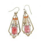 Bright cherry quartz rectangles held in bronze hammered diamond earrings with gold filled wire, pink opal, and peach cat's eye accents