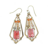 Bright cherry quartz rectangles held in bronze hammered diamond earrings with gold filled wire, pink opal, and peach cat's eye accents