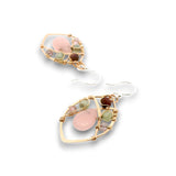 Bronze marquise earrings with rose quartz teardrops, garnet cubes, pink quartz, and prehnite gemstones on gold filled wire