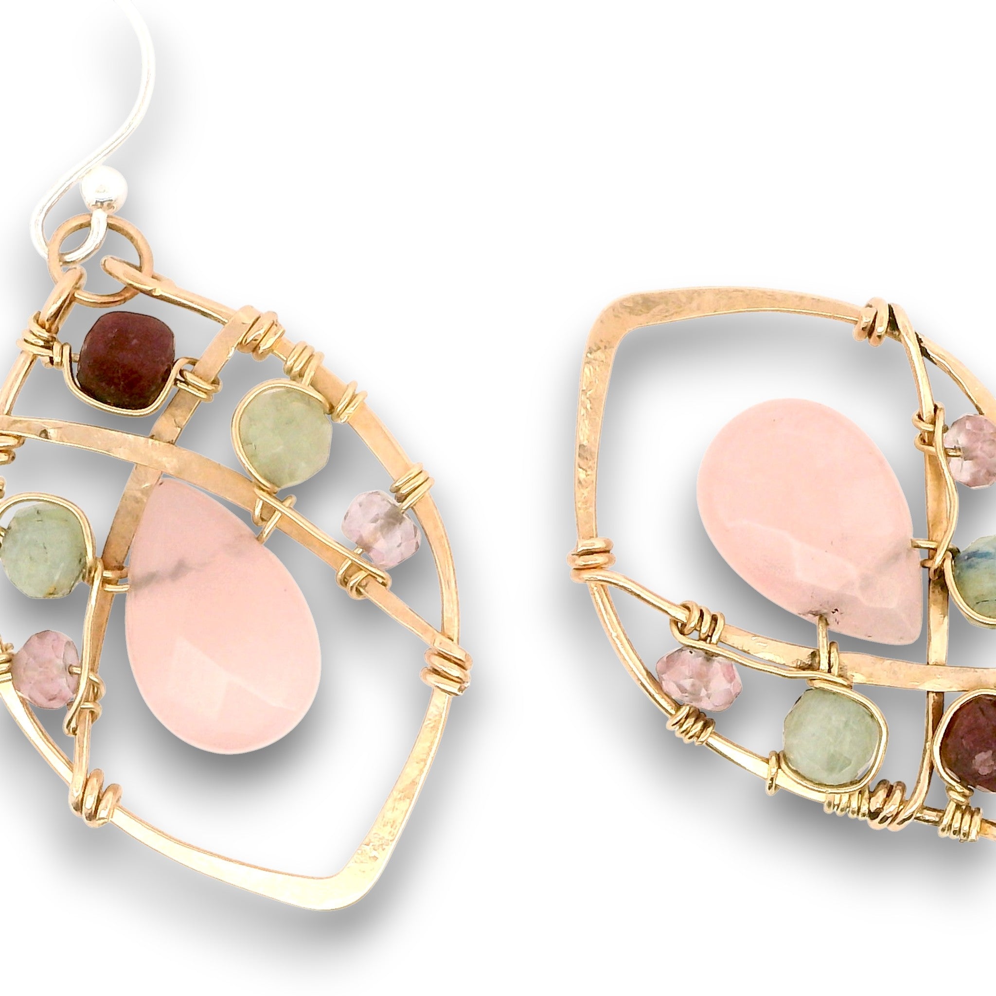 Bronze marquise earrings with rose quartz teardrops, garnet cubes, pink quartz, and prehnite gemstones on gold filled wire