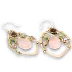 Bronze marquise earrings with rose quartz teardrops, garnet cubes, pink quartz, and prehnite gemstones on gold filled wire