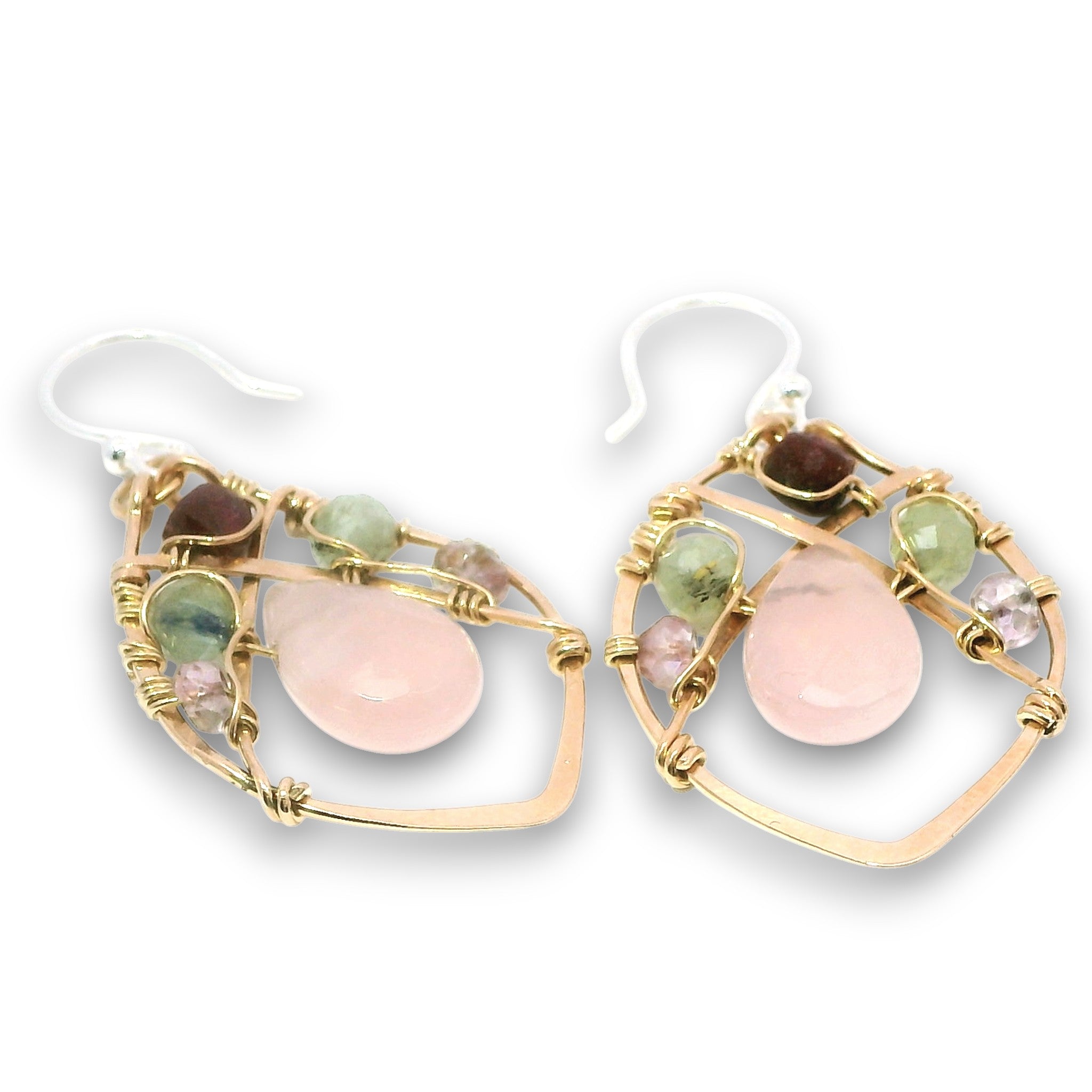 Bronze marquise earrings with rose quartz teardrops, garnet cubes, pink quartz, and prehnite gemstones on gold filled wire