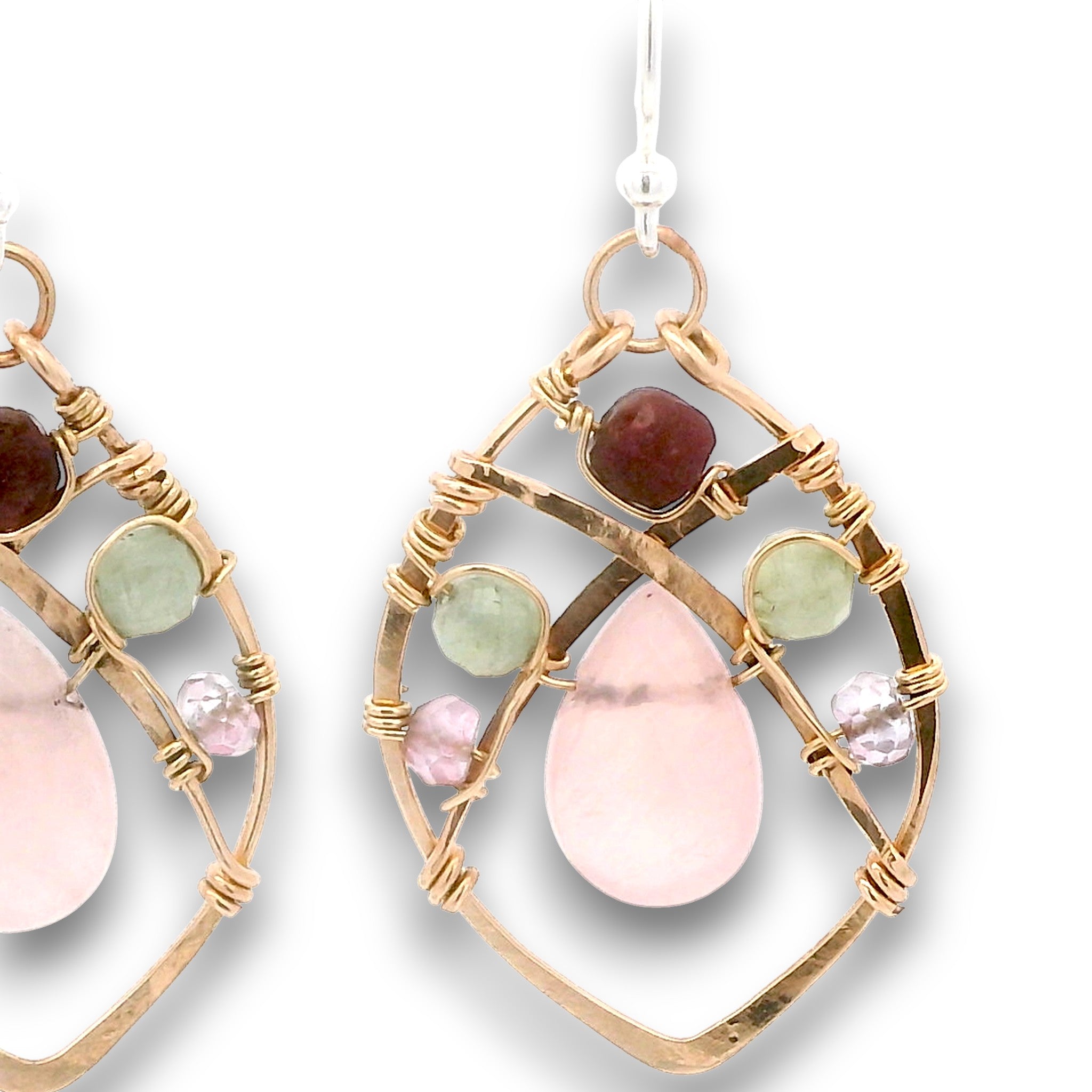 Bronze marquise earrings with rose quartz teardrops, garnet cubes, pink quartz, and prehnite gemstones on gold filled wire