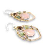 Bronze marquise earrings with rose quartz teardrops, garnet cubes, pink quartz, and prehnite gemstones on gold filled wire