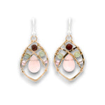 Bronze marquise earrings with rose quartz teardrops, garnet cubes, pink quartz, and prehnite gemstones on gold filled wire