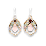 Bronze marquise earrings with rose quartz teardrops, garnet cubes, pink quartz, and prehnite gemstones on gold filled wire