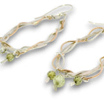 Sterling silver and bronze braided drop earrings with three green cubic zirconia gemstone dangles