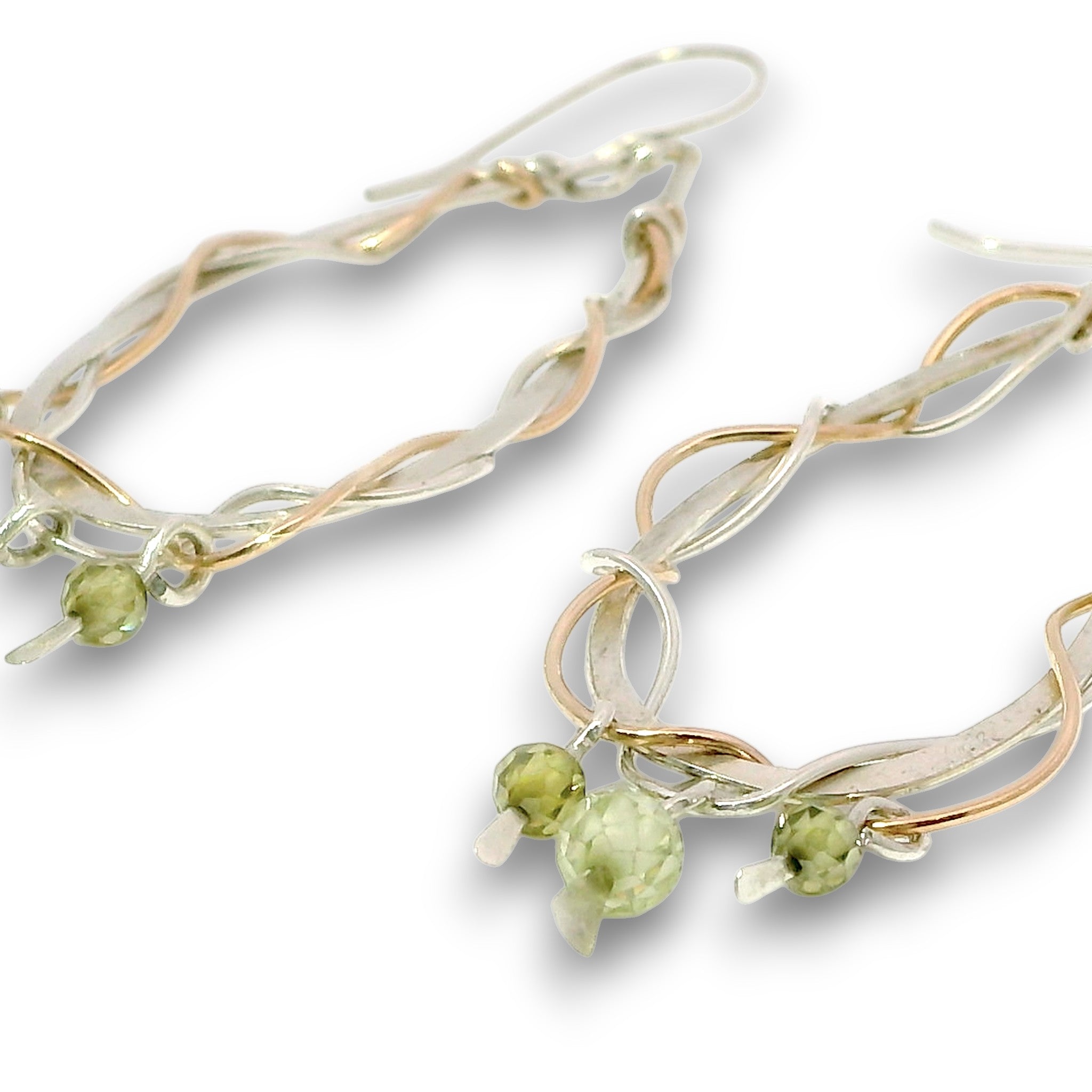 Sterling silver and bronze braided drop earrings with three green cubic zirconia gemstone dangles