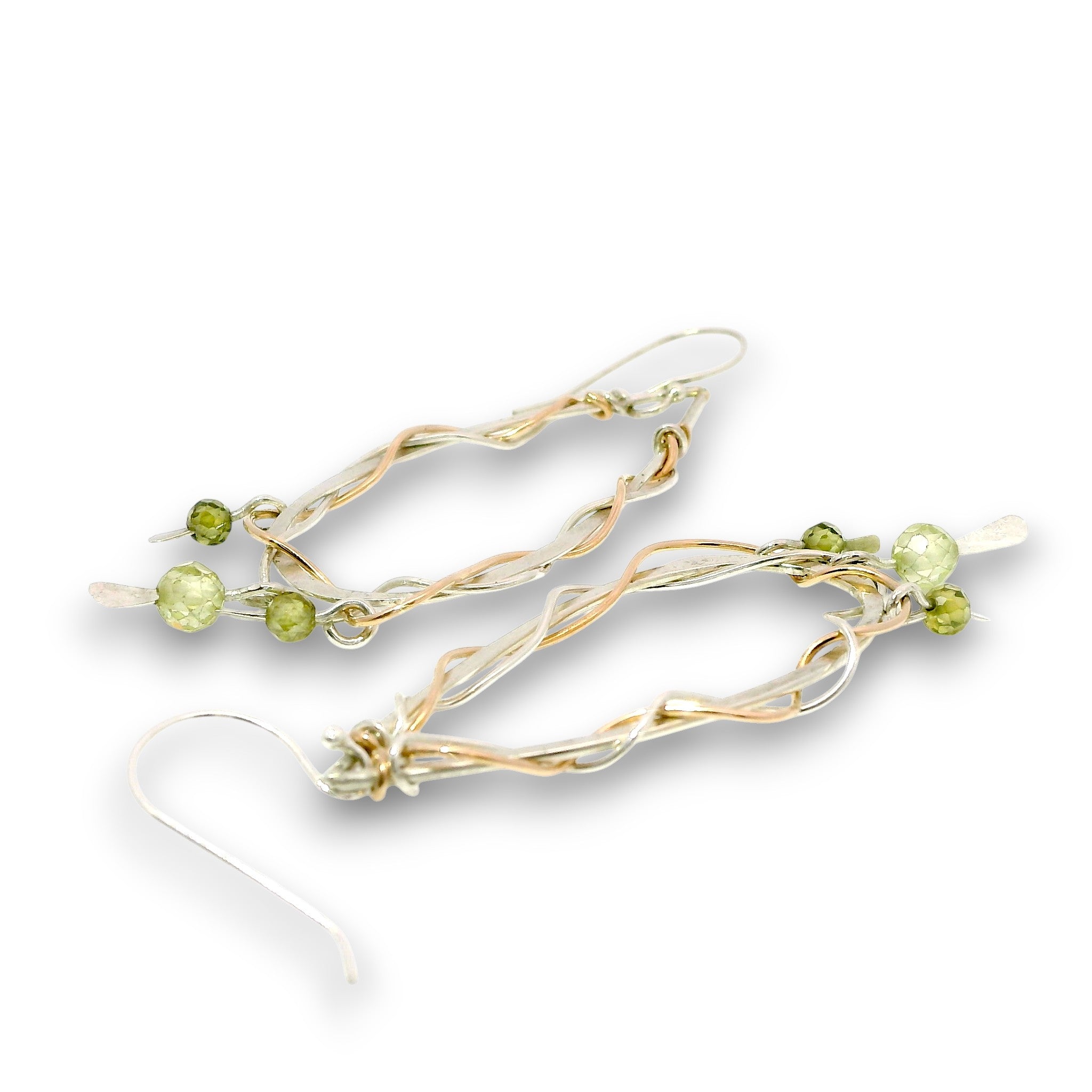 Sterling silver and bronze braided drop earrings with three green cubic zirconia gemstone dangles