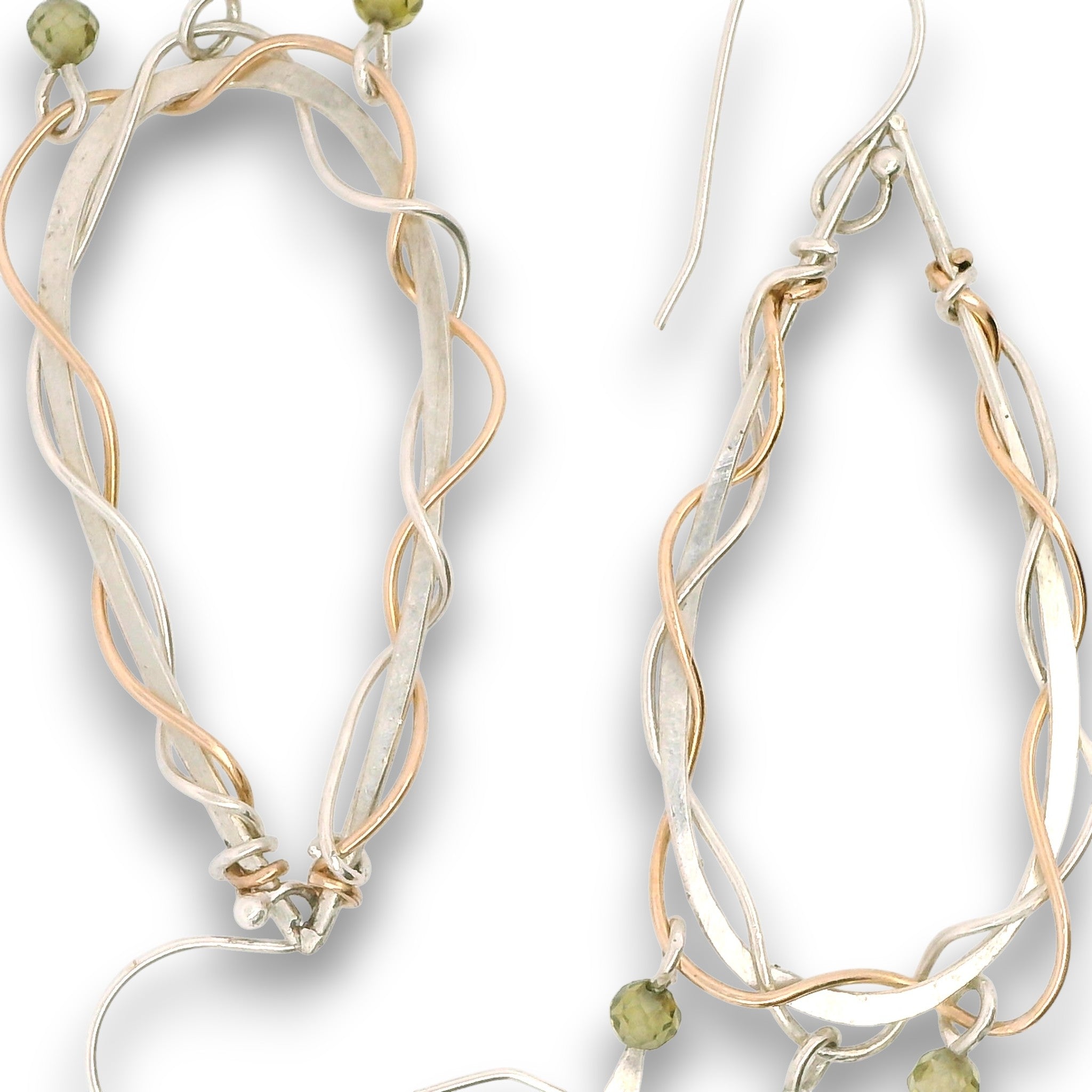 Sterling silver and bronze braided drop earrings with three green cubic zirconia gemstone dangles