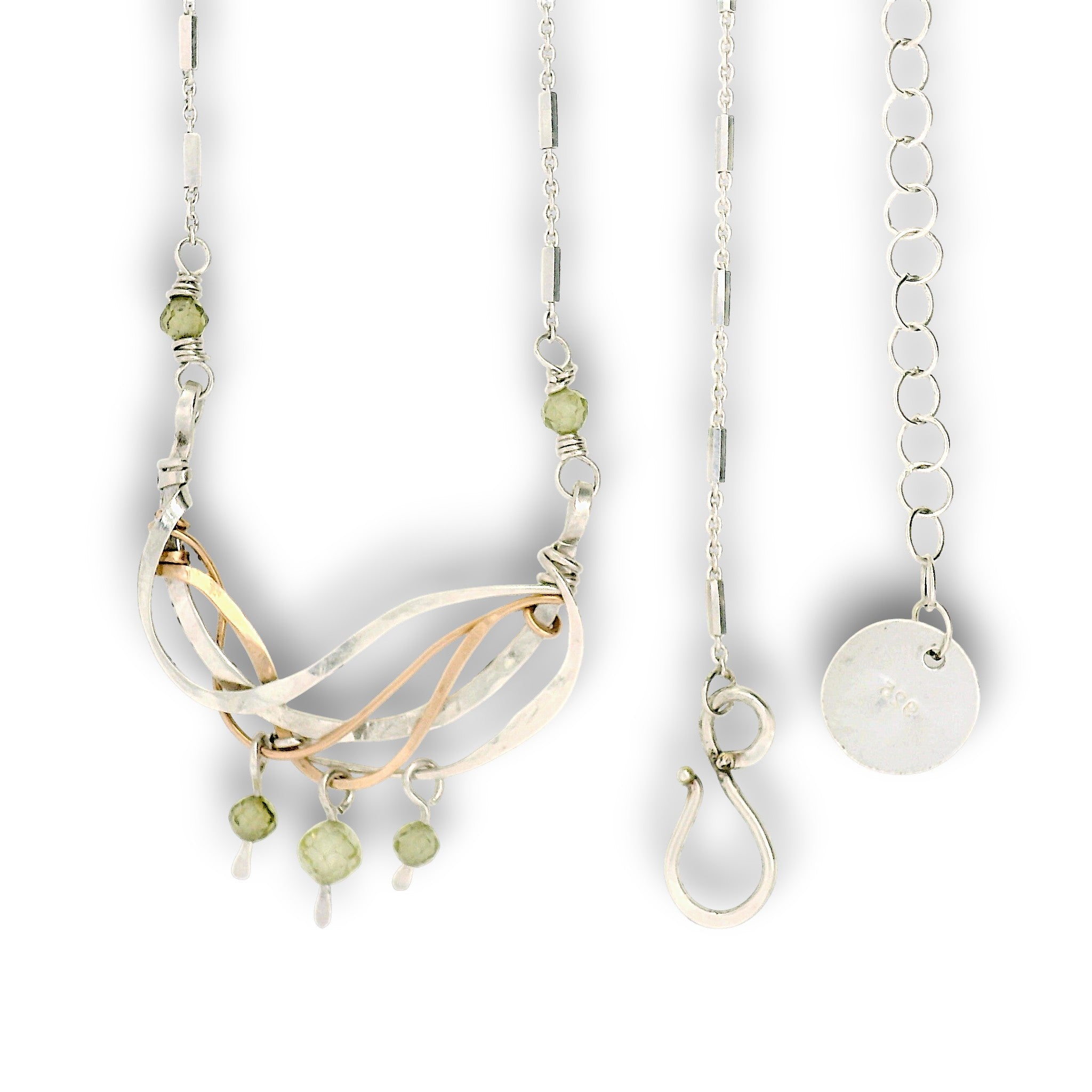 Hammered sterling silver and bronze wire waves pendant with green cubic zirconia dangles and a sparkly sterling silver tube chain necklace