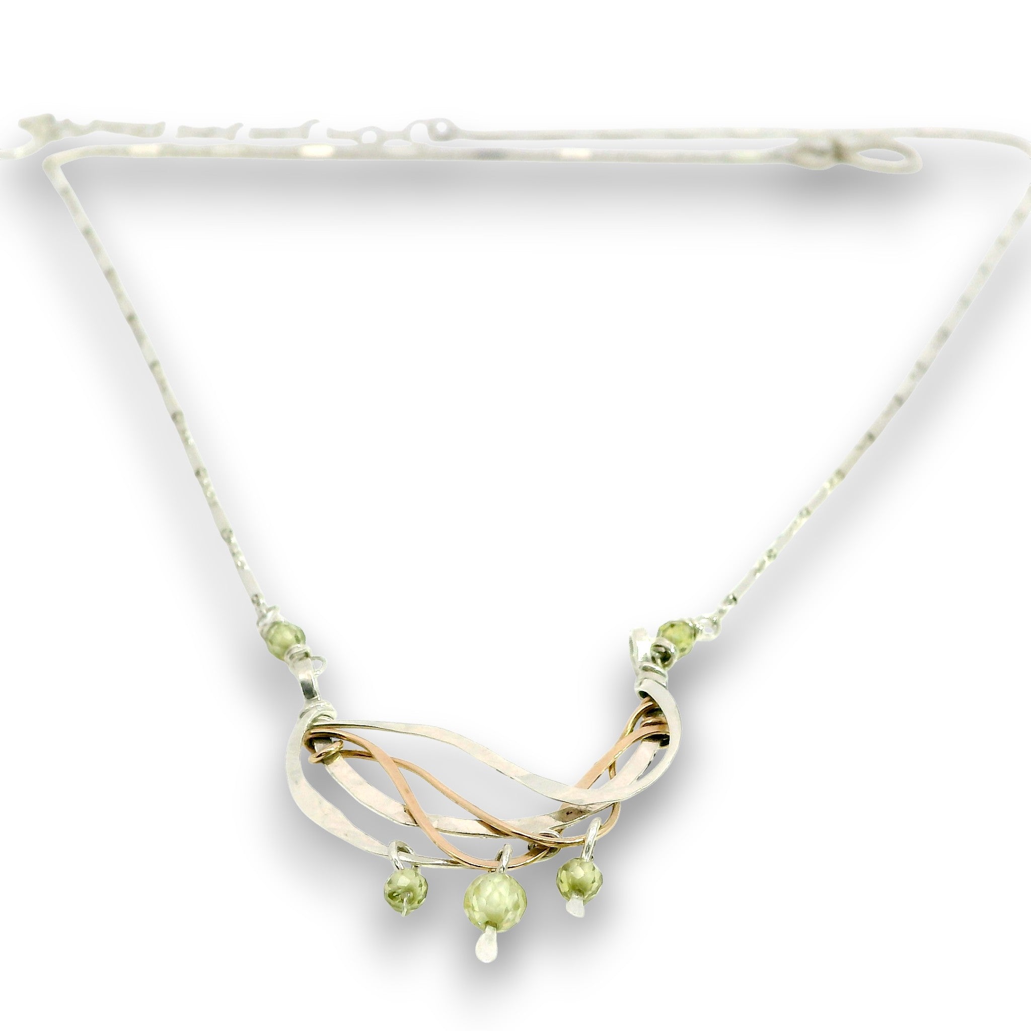 Hammered sterling silver and bronze wire waves pendant with green cubic zirconia dangles and a sparkly sterling silver tube chain necklace