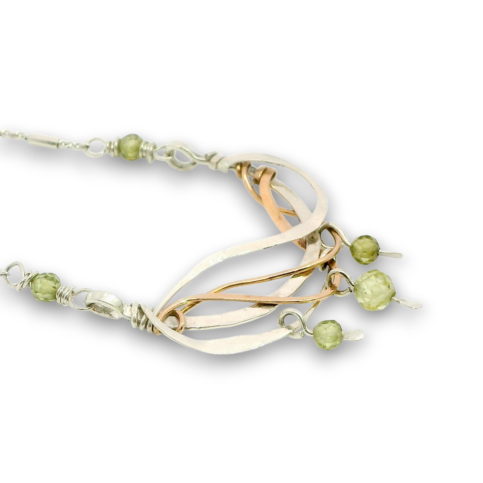 Hammered sterling silver and bronze wire waves pendant with green cubic zirconia dangles and a sparkly sterling silver tube chain necklace