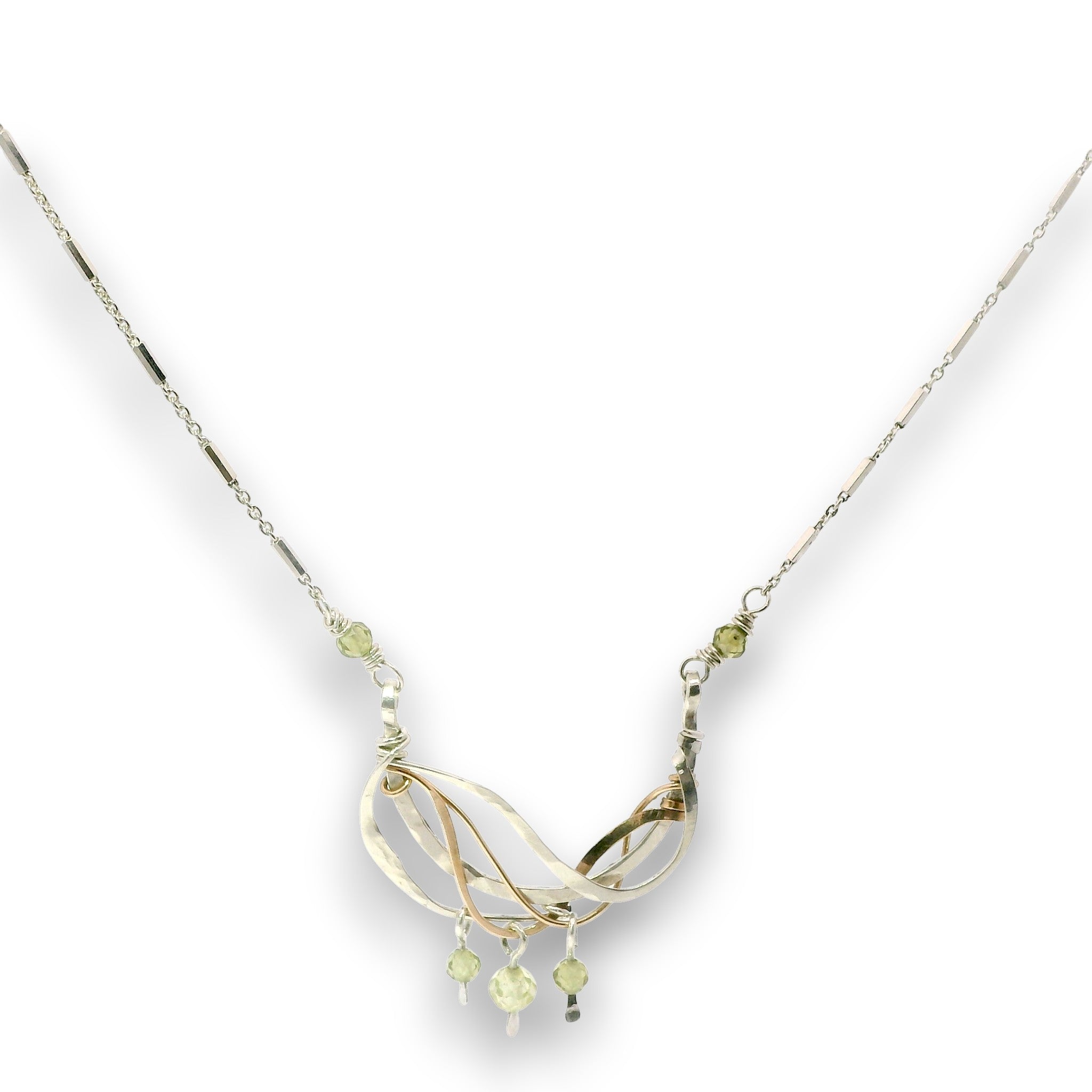 Hammered sterling silver and bronze wire waves pendant with green cubic zirconia dangles and a sparkly sterling silver tube chain necklace