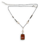 hessonite garnet faceted rectangle in oxidized sterling silver box on a chain made of gold filled squares, oxidized handmade hammered twisted bars and chain necklace