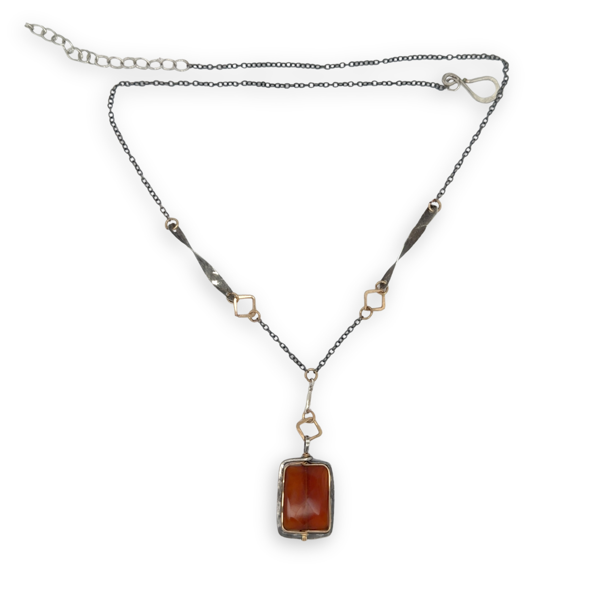 hessonite garnet faceted rectangle in oxidized sterling silver box on a chain made of gold filled squares, oxidized handmade hammered twisted bars and chain necklace