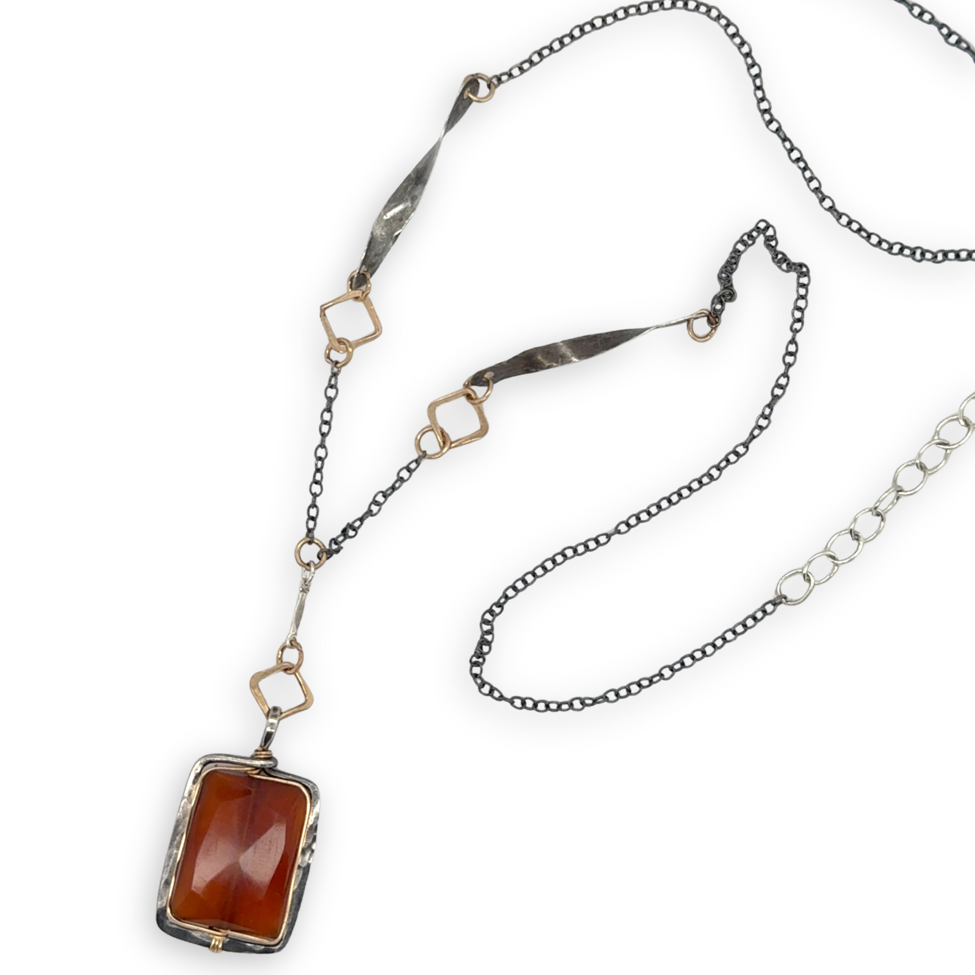 hessonite garnet faceted rectangle in oxidized sterling silver box on a chain made of gold filled squares, oxidized handmade hammered twisted bars and chain necklace