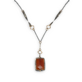 hessonite garnet faceted rectangle in oxidized sterling silver box on a chain made of gold filled squares, oxidized handmade hammered twisted bars and chain necklace