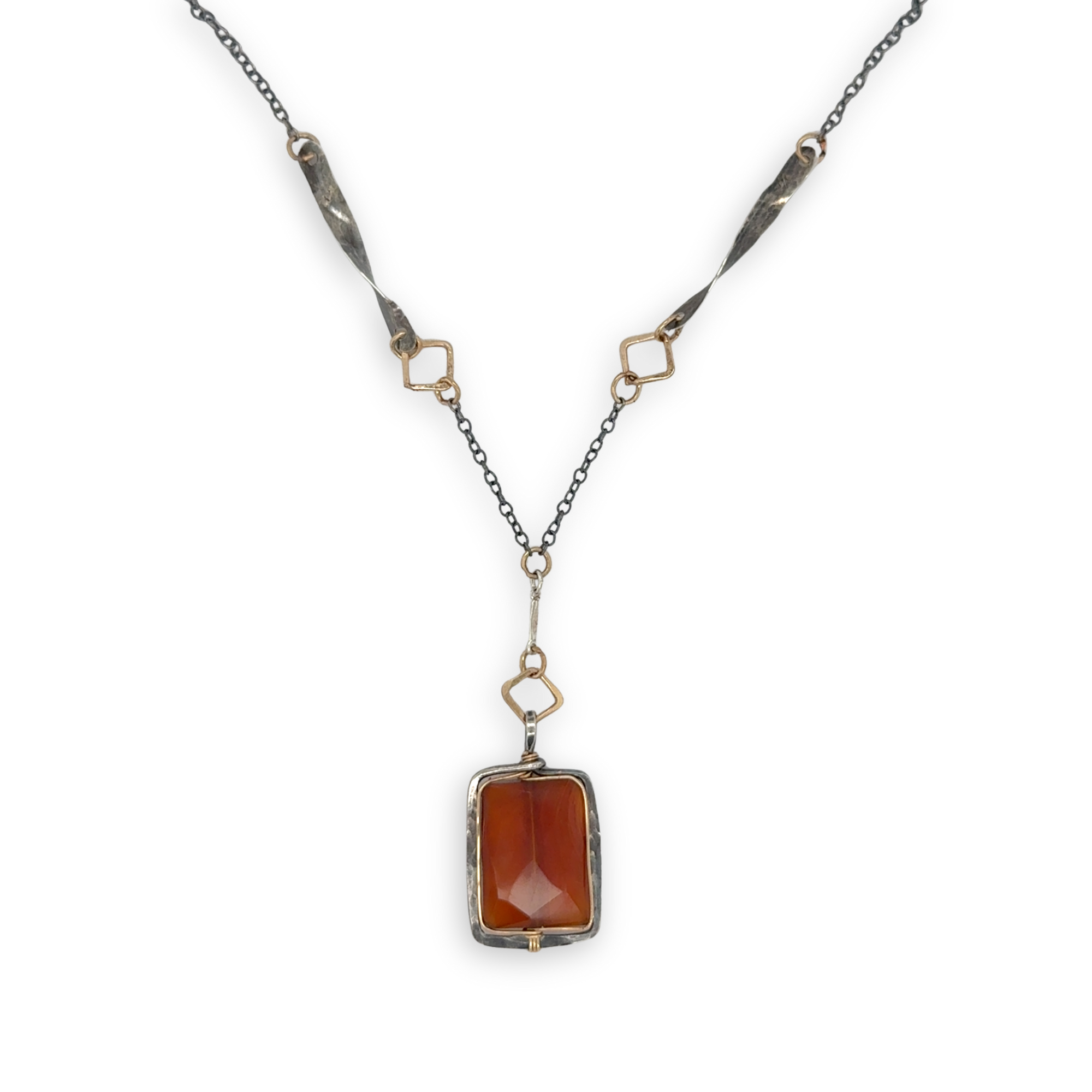hessonite garnet faceted rectangle in oxidized sterling silver box on a chain made of gold filled squares, oxidized handmade hammered twisted bars and chain necklace