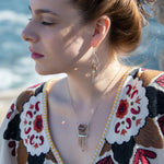 Sterling silver skinny arch earrings with a large hexagonal smokey quartz gemstone with pyrite and brass wire accents.